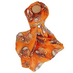 Skulls And Flowers Scarf 68x34 Orange Yellow Polyester Sheer